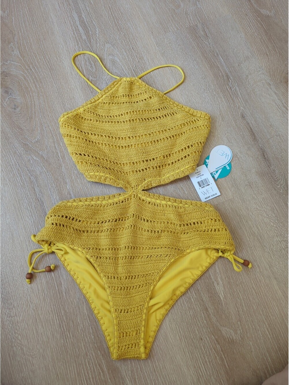 WET Lane Saffron Crochet Cutout Mustard Yellow Swimsuit One Piece Small $198